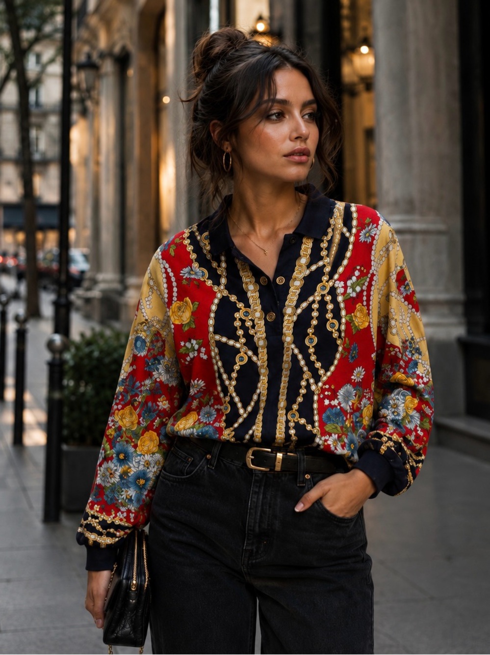 Vintage GOLF Baroque Floral Scarf Print Blouse Shirt Not Versace - Picture 4 of 11